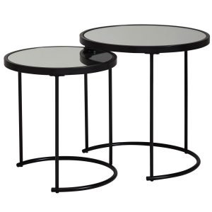 2 x runde sofaborde / indskudsborde med bordplader i sort spejlglas, ramme sort